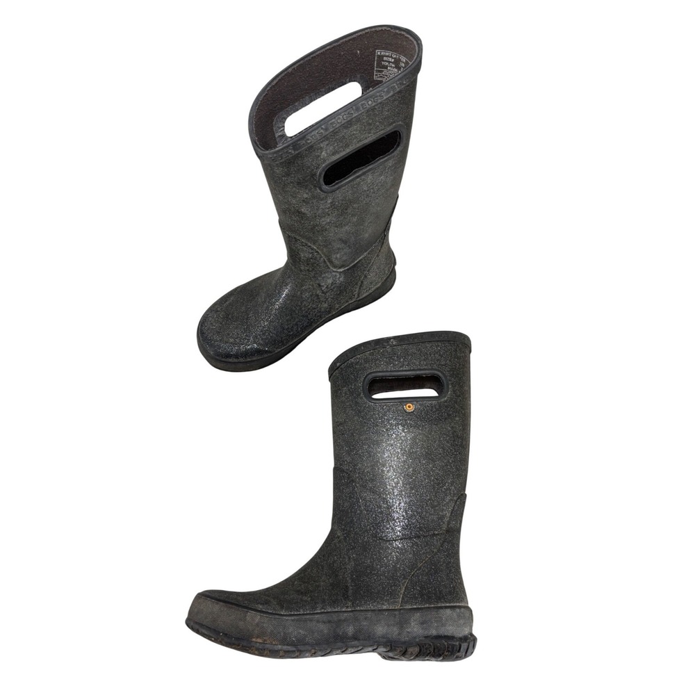 Bogs Girls Rain Boots Black Glitter Rubber Waterproof Pull On Youth Size 2